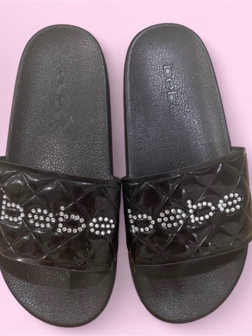 bebe Black Quilted Crystal Logo Slide Sandals